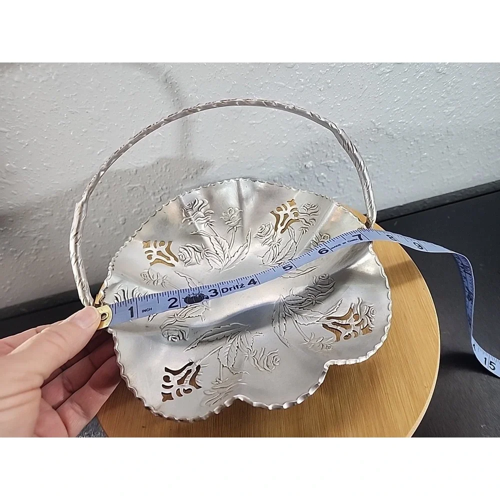 Vintage Double Aluminum Bride's Basket w/ Pierced Design, Roses & Handle Cottage